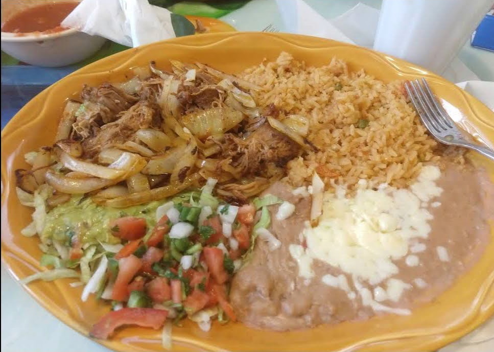 Shredded Beef, Rice, Beans, Onions, tomato, Guacamole